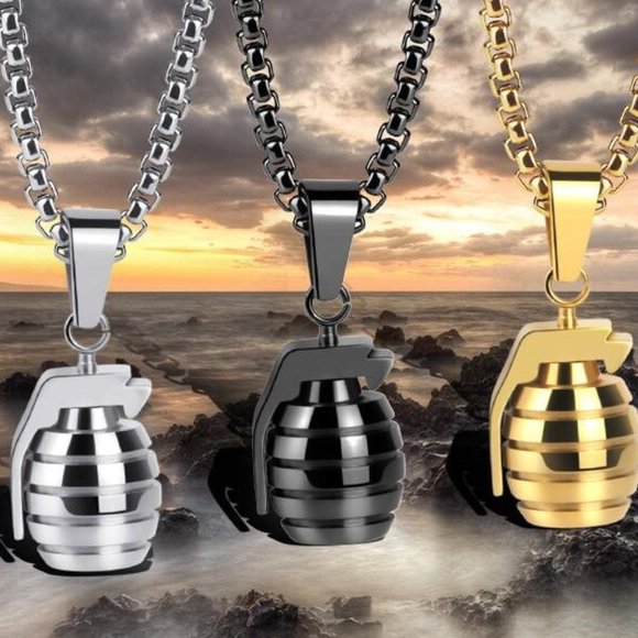 New! Stainless Steel Grenade Pendant Necklace Box Chain - Picture 2 of 6
